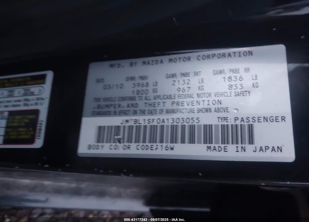 2010 MAZDA 3 VIN: JM1BL1SF0A1303055