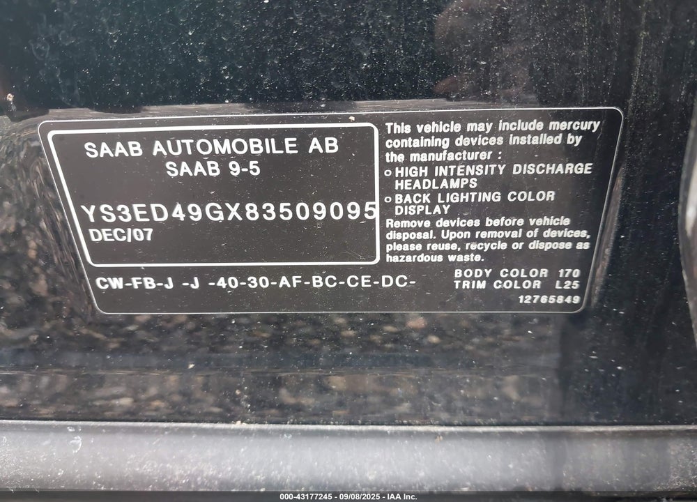 2008 SAAB 9-5 VIN: YS3ED49GX83509095