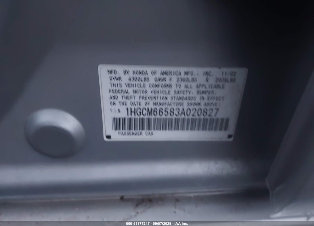 2003 HONDA ACCORD 3.0 EX VIN: 1HGCM66583A020827