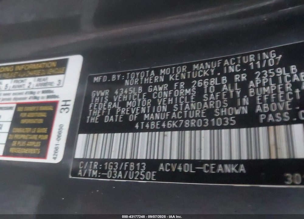 2008 TOYOTA CAMRY VIN: 4T4BE46K78R031035