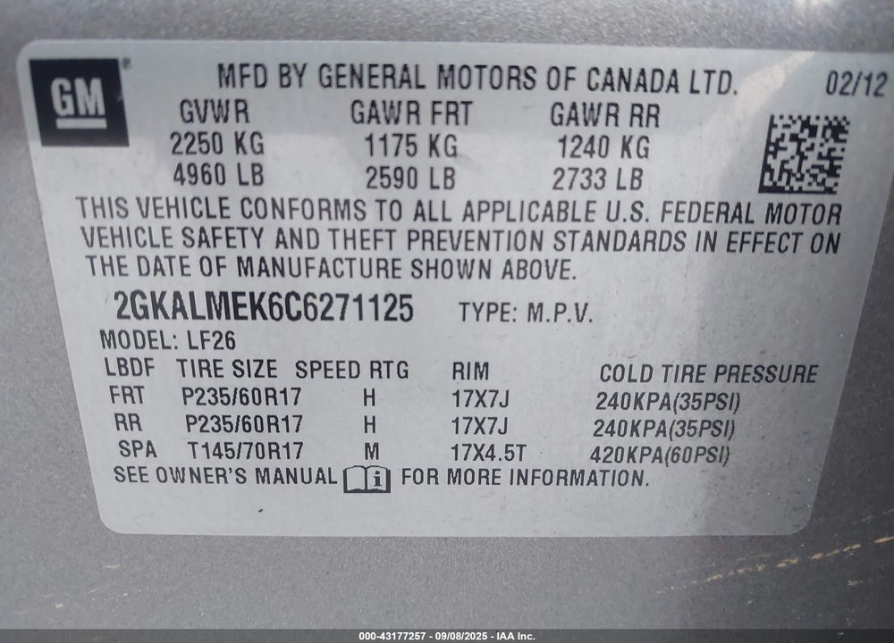 2012 GMC TERRAIN VIN: 2GKALMEK6C6271125