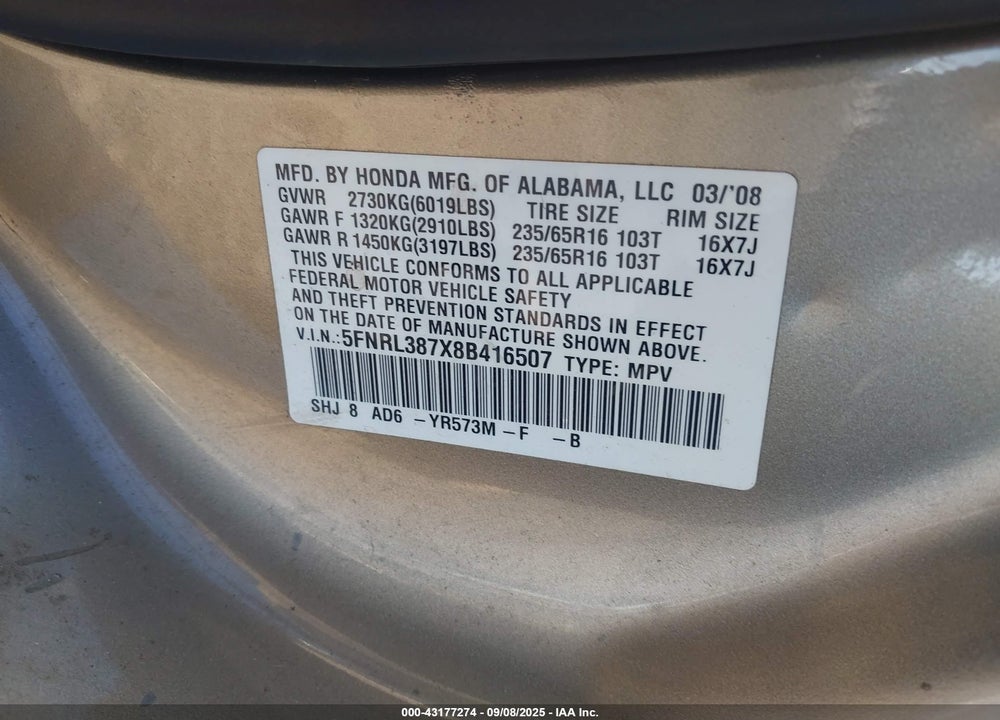 2008 HONDA ODYSSEY VIN: 5FNRL387X8B416507
