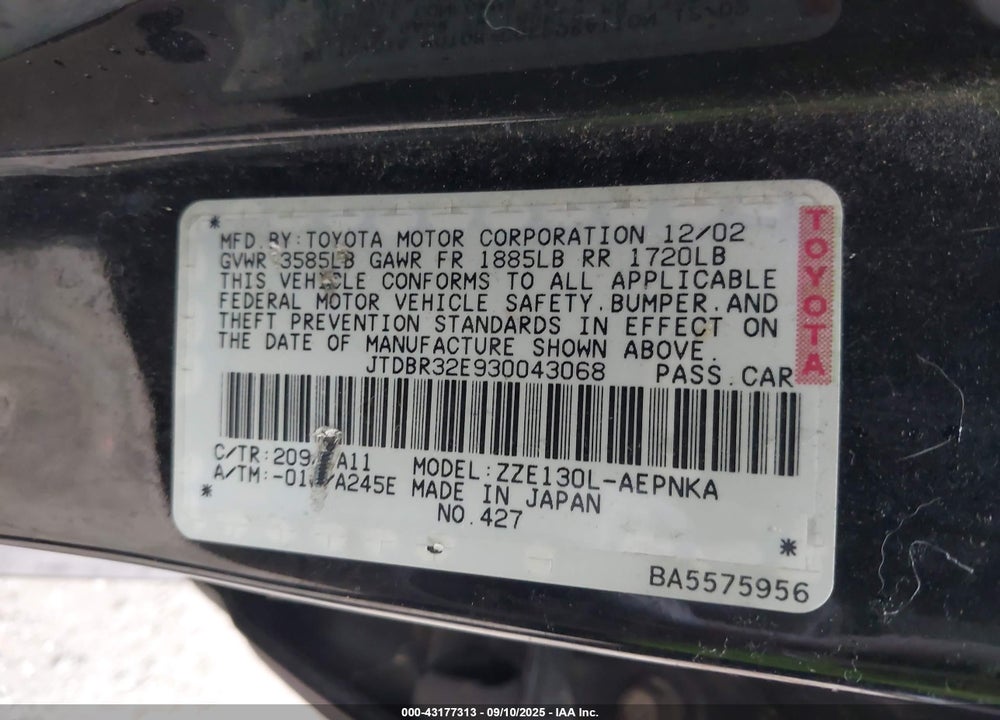 2003 TOYOTA COROLLA LE VIN: JTDBR32E930043068