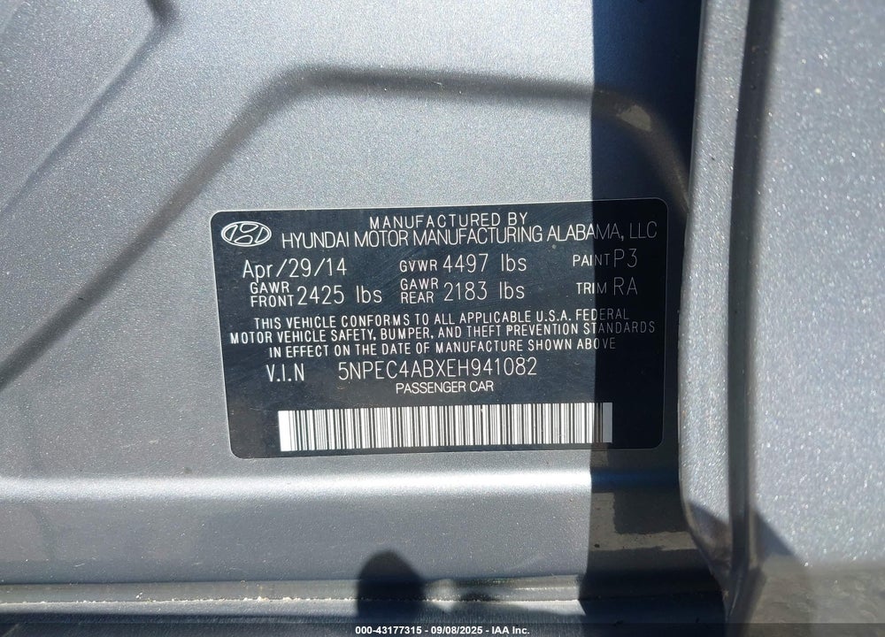2014 HYUNDAI SONATA VIN: 5NPEC4ABXEH941082