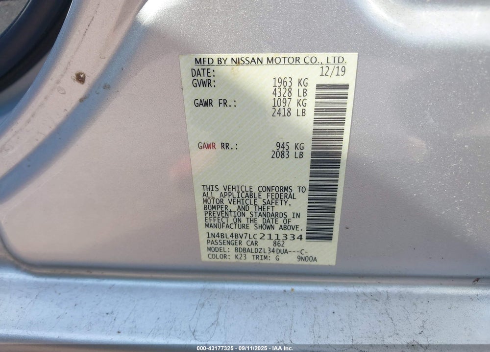2020 NISSAN ALTIMA VIN: 1N4BL4BV7LC211334