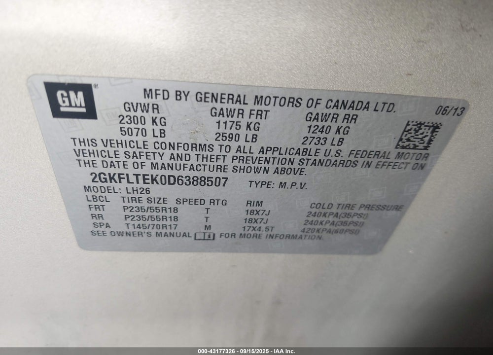 2013 GMC TERRAIN VIN: 2GKFLTEK0D6388507