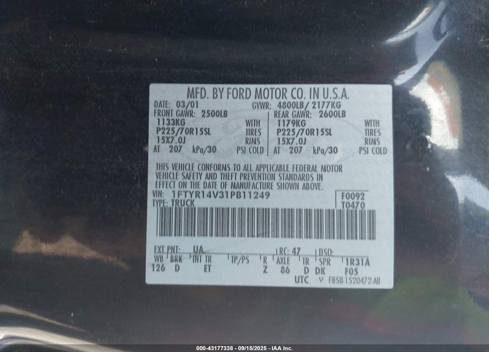 2001 FORD RANGER EDGE/XL/XLT VIN: 1FTYR14V31PB11249