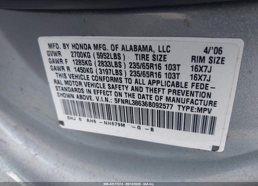 2006 HONDA ODYSSEY EX-L VIN: 5FNRL38636B092577