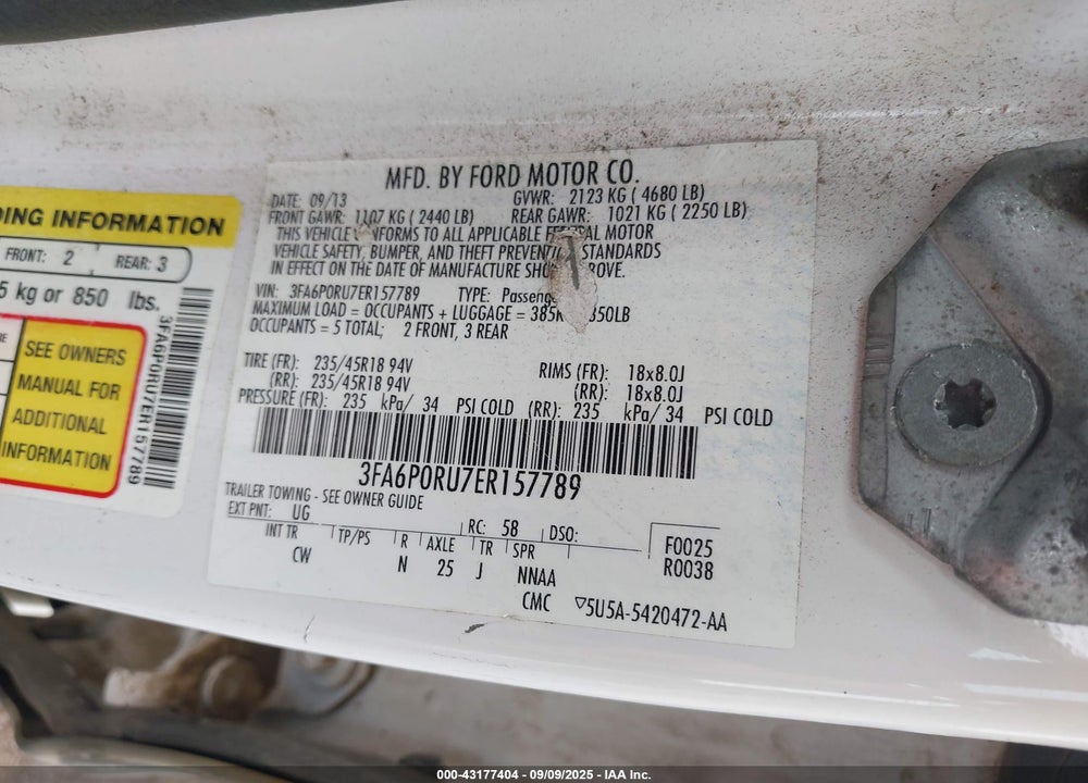 2014 FORD FUSION VIN: 3FA6P0RU7ER157789