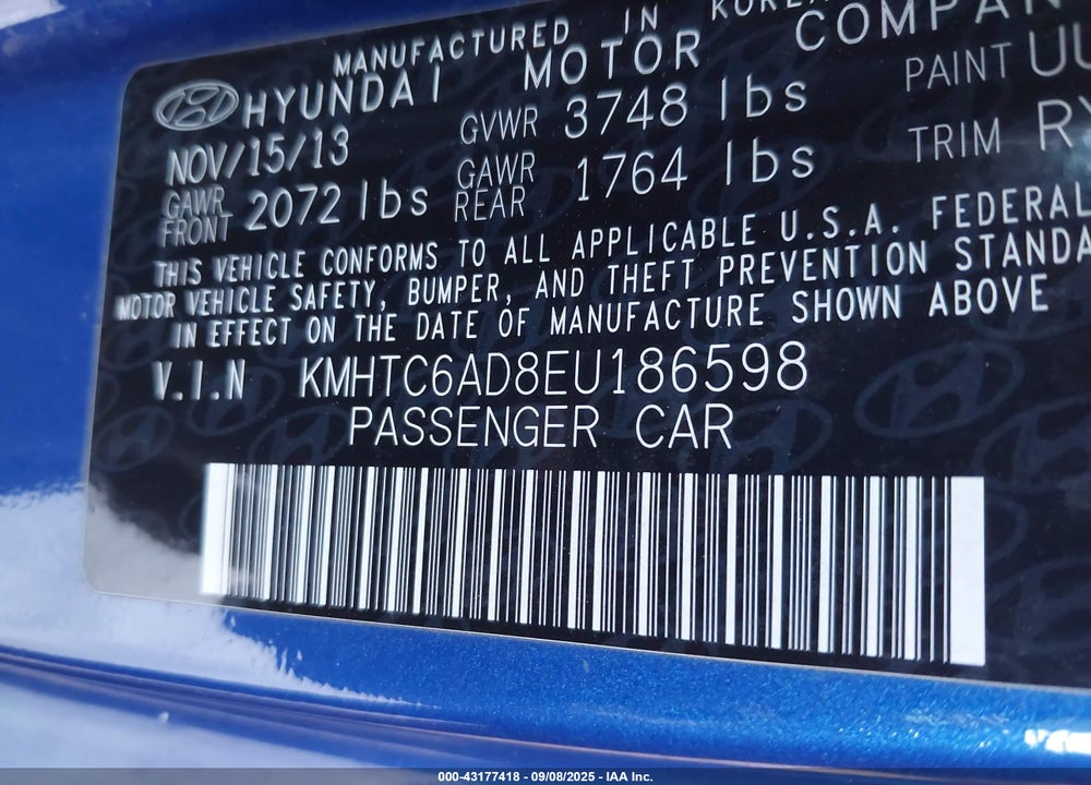 2014 HYUNDAI VELOSTER VIN: KMHTC6AD8EU186598