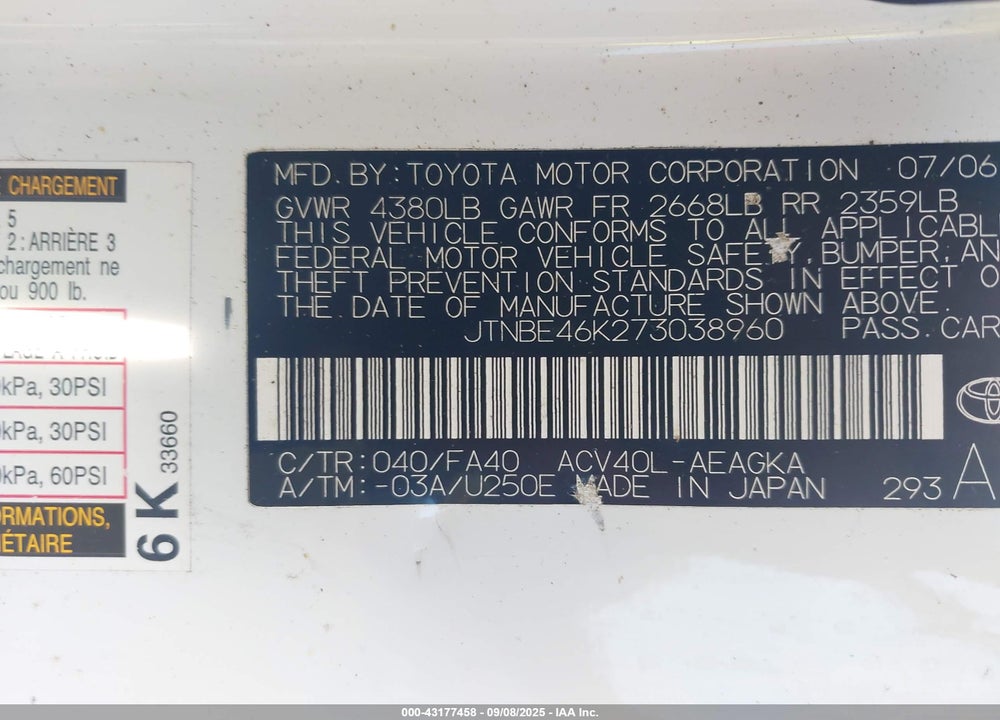 2007 TOYOTA CAMRY VIN: JTNBE46K273038960