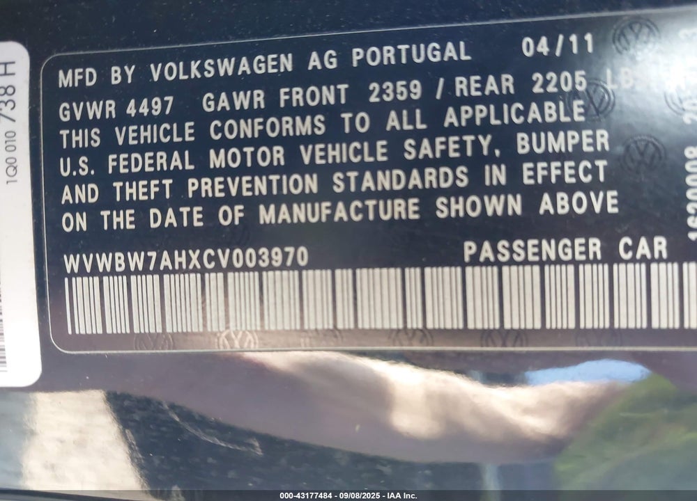 2012 VOLKSWAGEN EOS VIN: WVWBW7AHXCV003970
