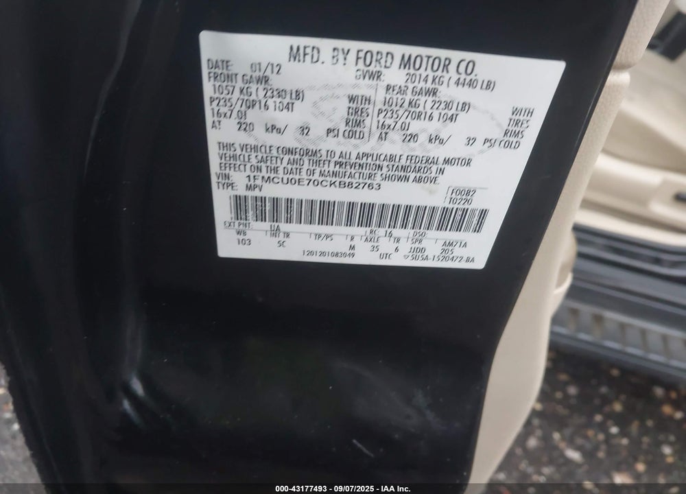 2012 FORD ESCAPE VIN: 1FMCU0E70CKB82763