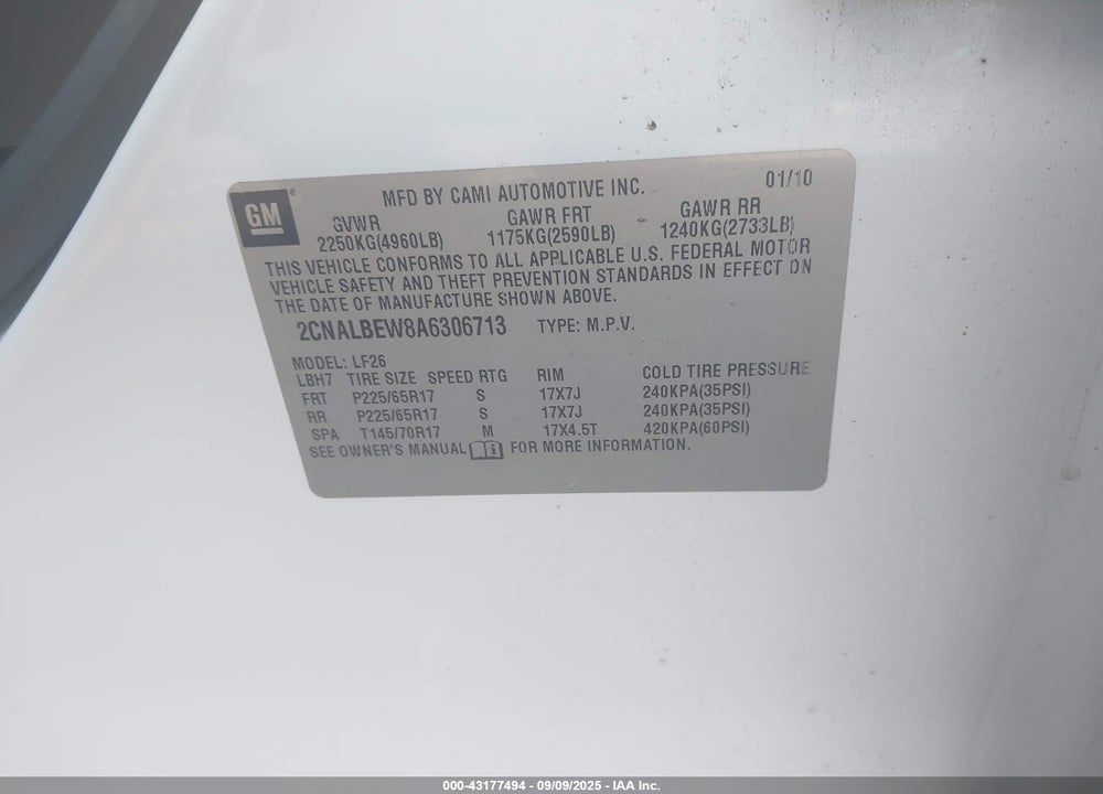 2010 CHEVROLET EQUINOX VIN: 2CNALBEW8A6306713