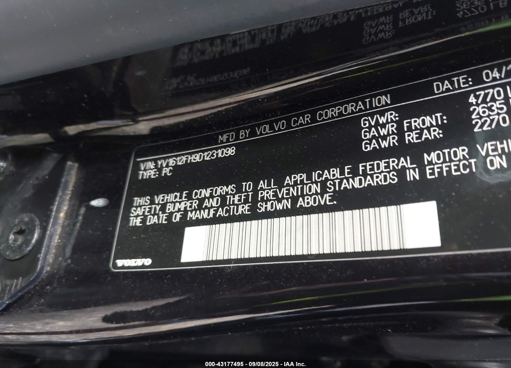 2013 VOLVO S60 VIN: YV1612FH9D1231098
