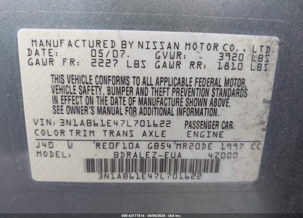 2007 NISSAN SENTRA VIN: 3N1AB61E47L701622