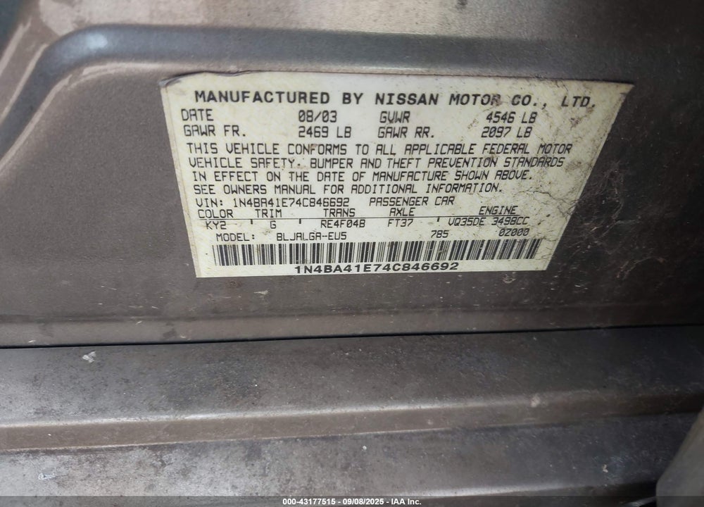 2004 NISSAN MAXIMA 3.5 SL VIN: 1N4BA41E74C846692