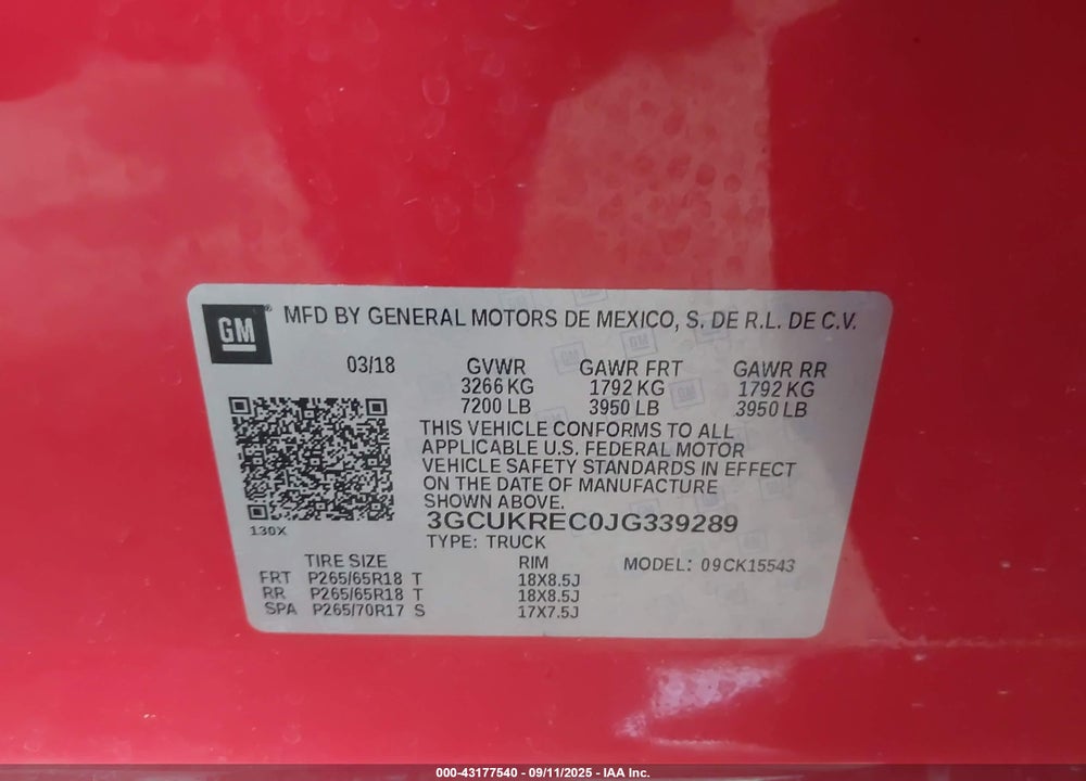 2018 CHEVROLET SILVERADO 1500 VIN: 3GCUKREC0JG339289
