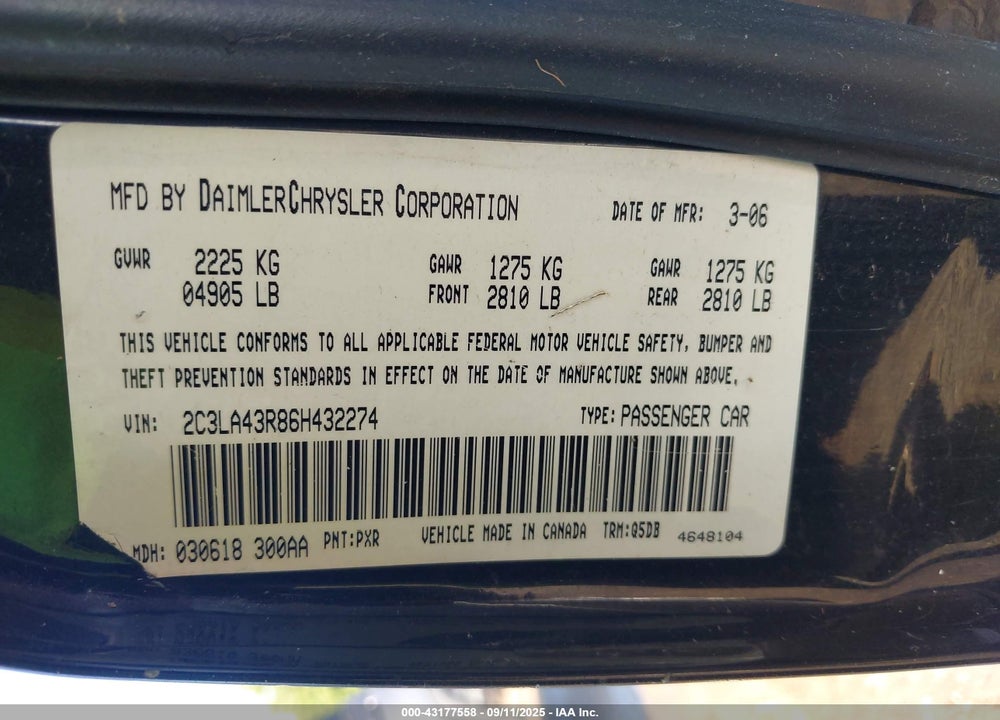 2006 CHRYSLER 300 VIN: 2C3LA43R86H432274