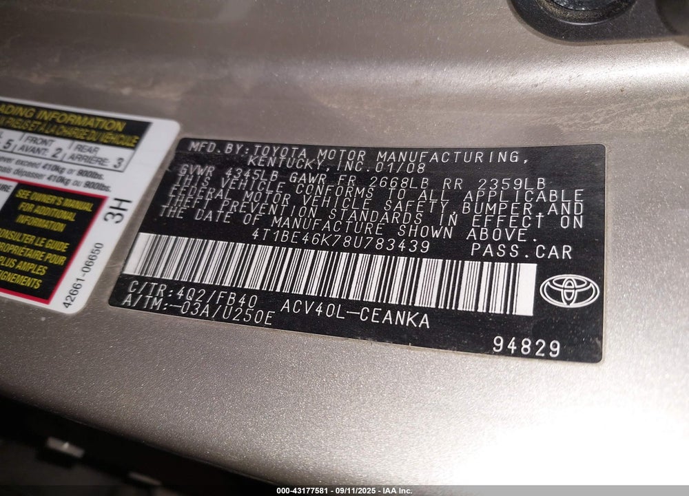 2008 TOYOTA CAMRY LE VIN: 4T1BE46K78U783439