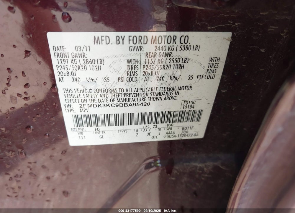 2011 FORD EDGE VIN: 2FMDK3KC9BBA95420