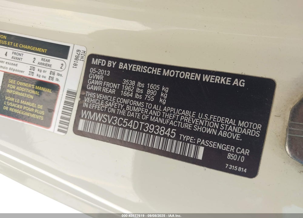 2013 MINI HARDTOP VIN: WMWSV3C54DT393845