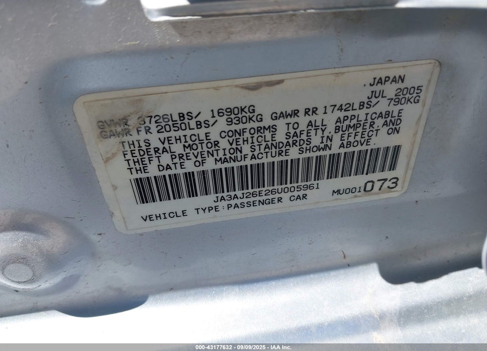 2006 MITSUBISHI LANCER ES/SE VIN: JA3AJ26E26U005961