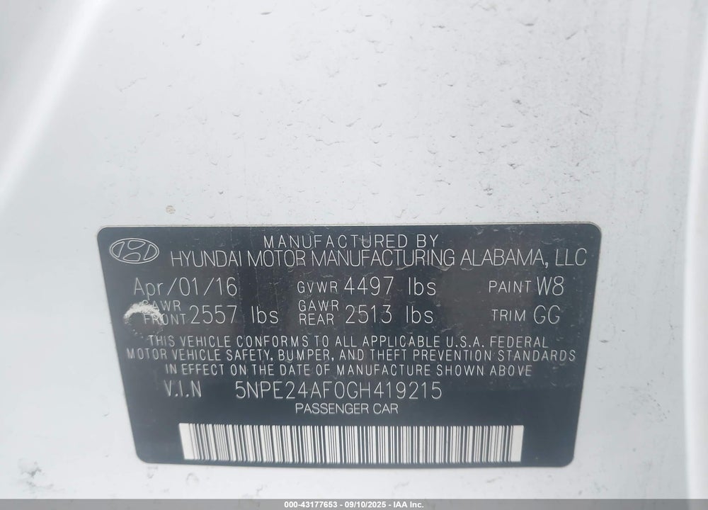 2016 HYUNDAI SONATA VIN: 5NPE24AF0GH419215