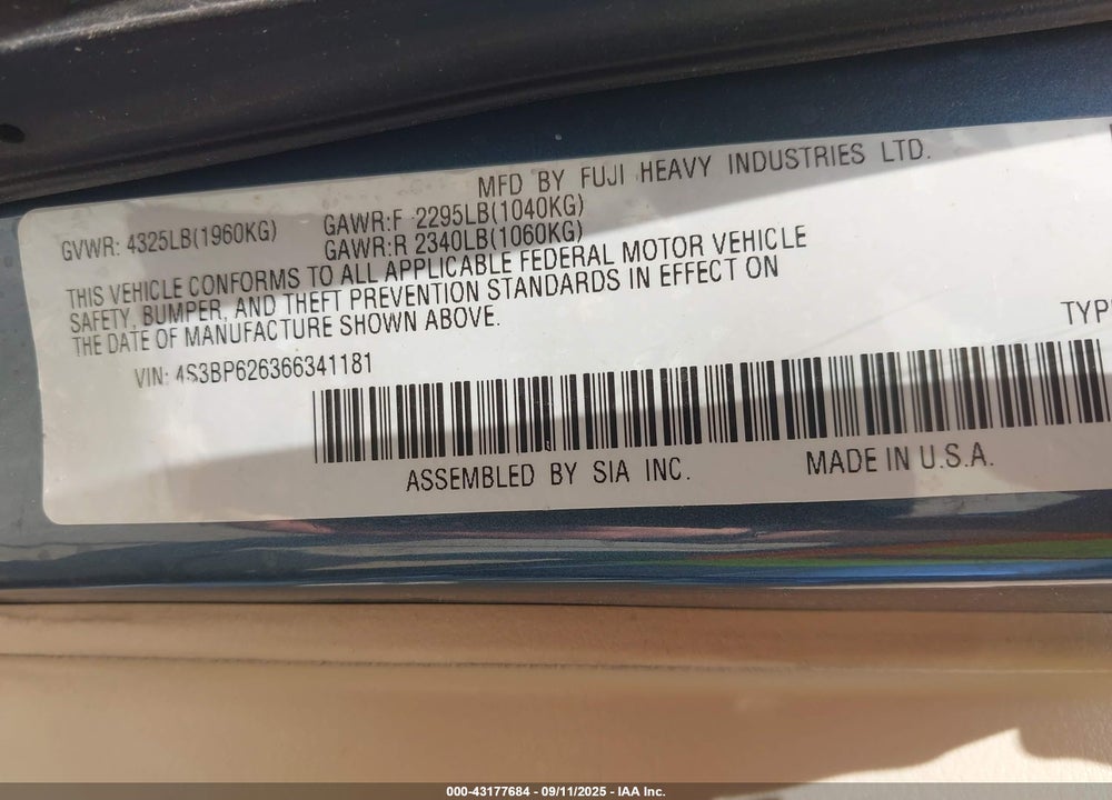 2006 SUBARU LEGACY 2.5I VIN: 4S3BP626366341181
