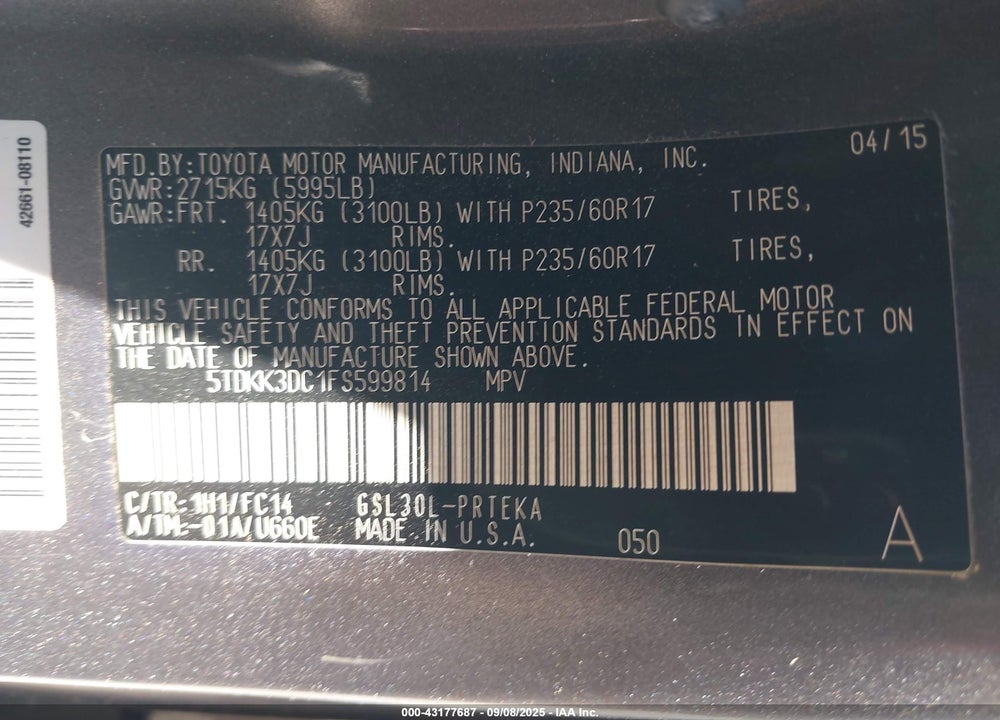 2015 TOYOTA SIENNA VIN: 5TDKK3DC1FS599814