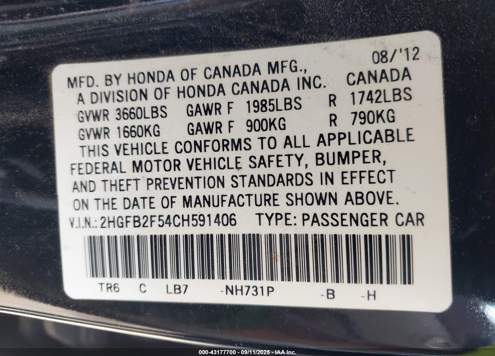 2012 HONDA CIVIC VIN: 2HGFB2F54CH591406