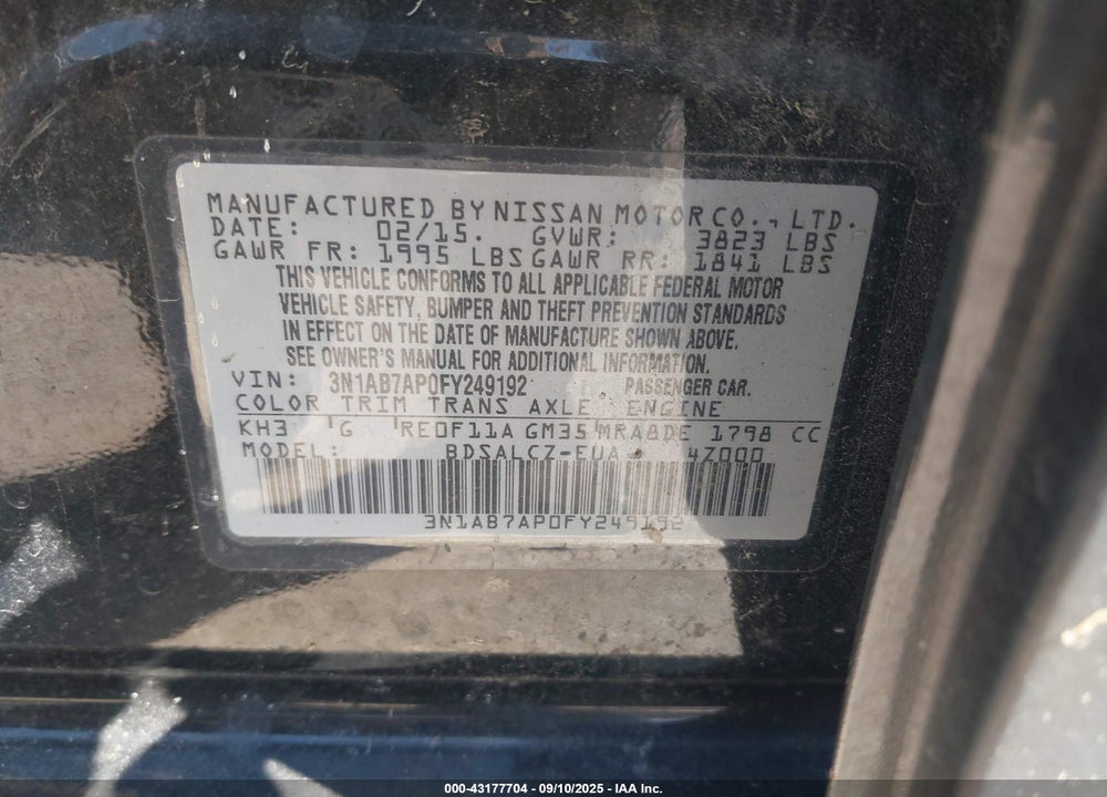 2015 NISSAN SENTRA VIN: 3N1AB7AP0FY249192