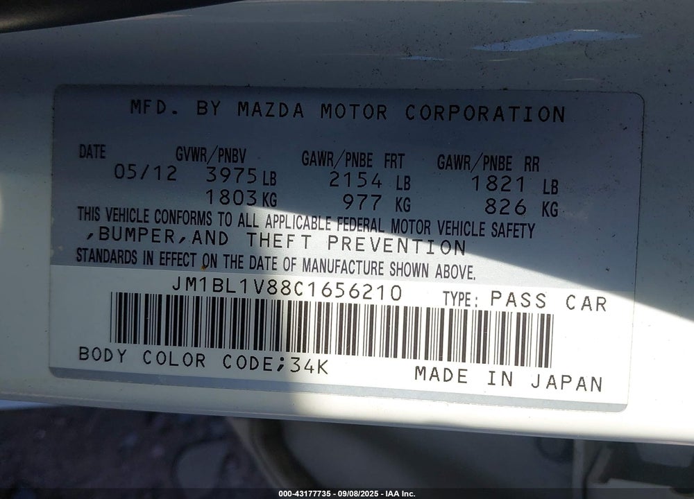 2012 MAZDA 3 VIN: JM1BL1V88C1656210