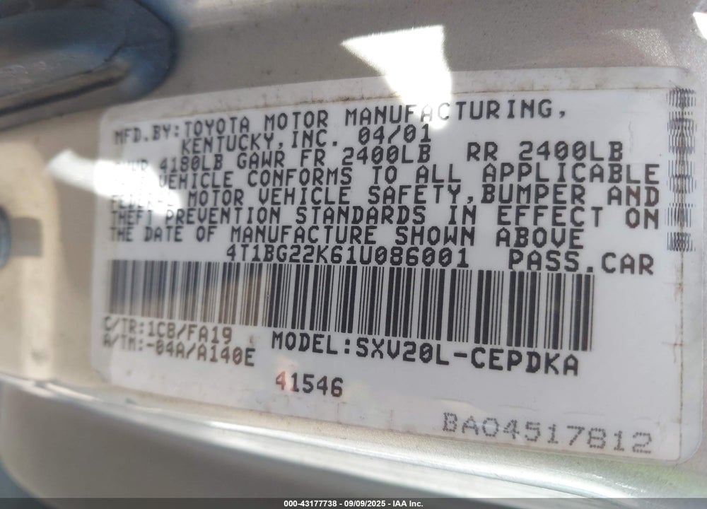 2001 TOYOTA CAMRY CE VIN: 4T1BG22K61U086001