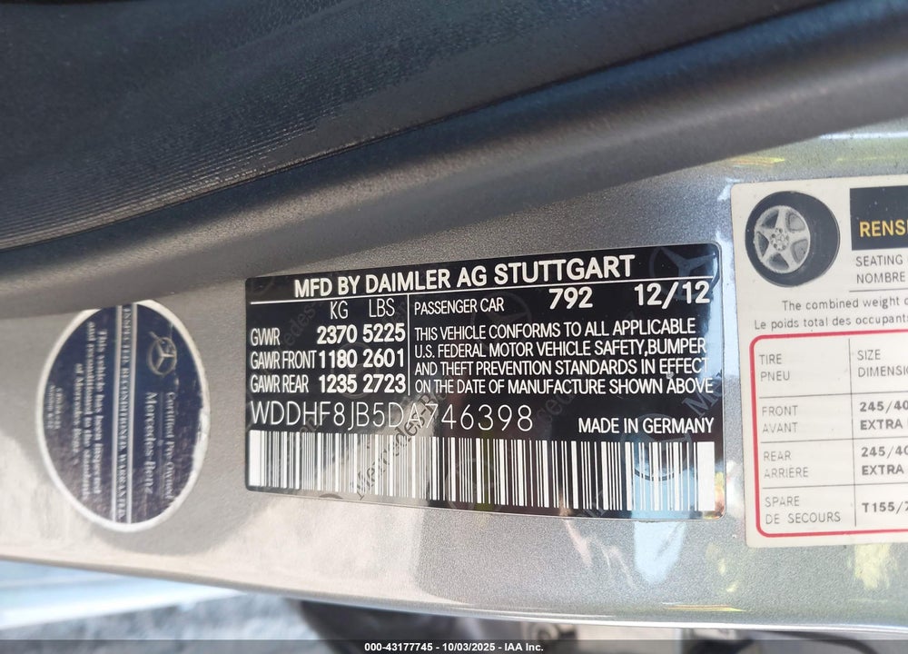 2013 MERCEDES-BENZ E-CLASS VIN: WDDHF8JB5DA746398