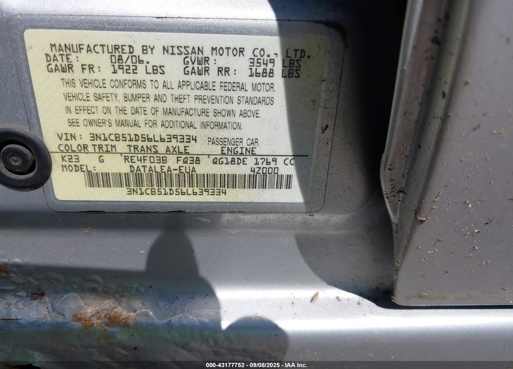 2006 NISSAN SENTRA VIN: 3N1CB51D56L639334