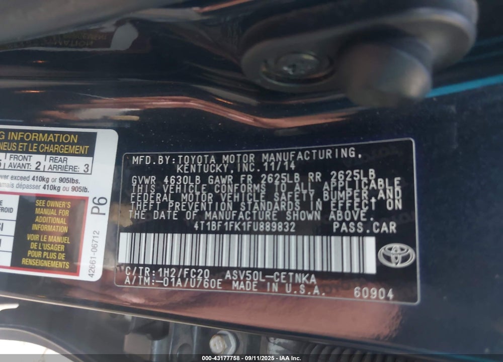 2015 TOYOTA CAMRY VIN: 4T1BF1FK1FU889832