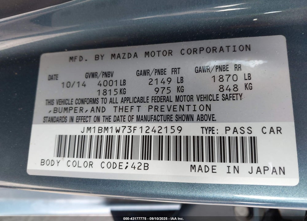 2015 MAZDA 3 I GRAND TOURING VIN: JM1BM1W73F1242159