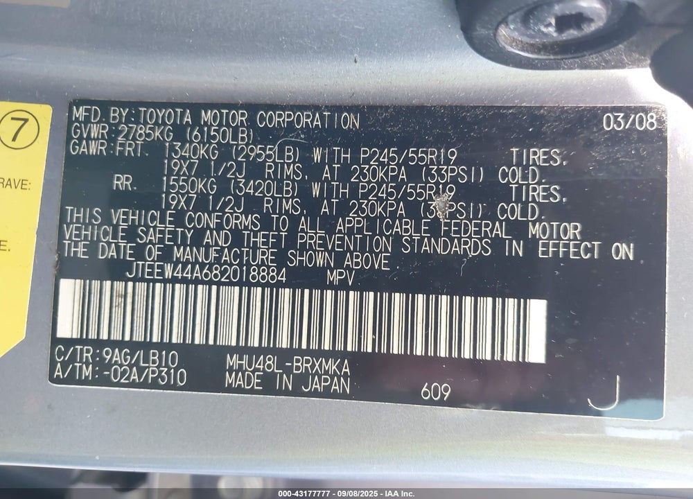 2008 TOYOTA HIGHLANDER HYBRID VIN: JTEEW44A682018884