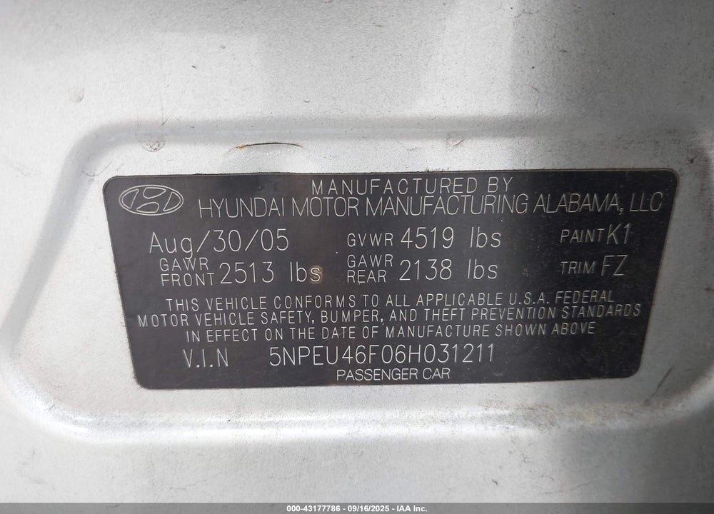 2006 HYUNDAI SONATA GLS V6/LX V6 VIN: 5NPEU46F06H031211