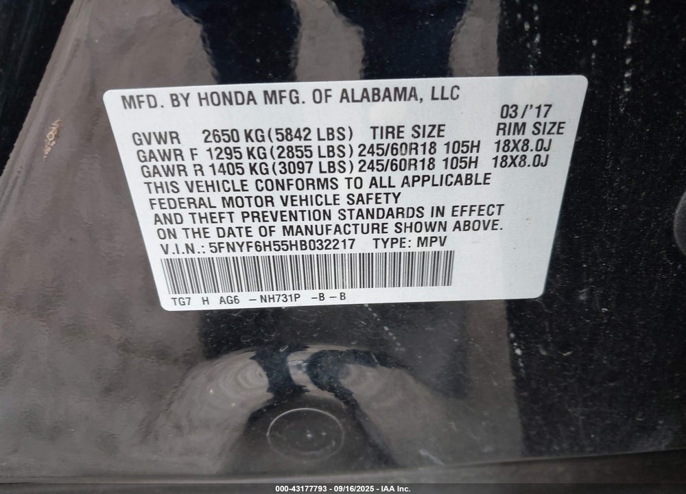 2017 HONDA PILOT EX-L VIN: 5FNYF6H55HB032217