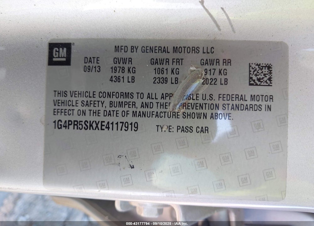 2014 BUICK VERANO VIN: 1G4PR5SKXE4117919