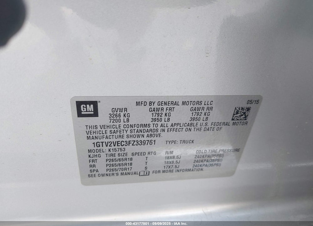 2015 GMC SIERRA 1500 VIN: 1GTV2VEC3FZ339761