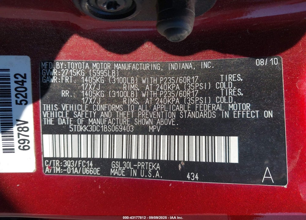 2011 TOYOTA SIENNA VIN: 5TDKK3DC1BS069403