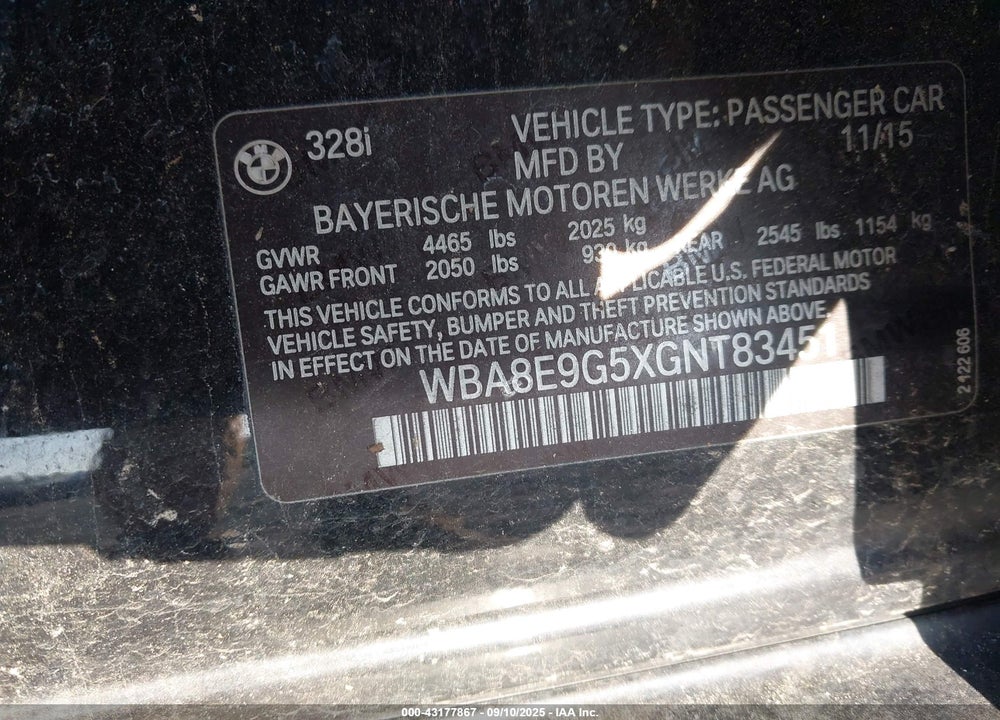 2016 BMW 3 SERIES VIN: WBA8E9G5XGNT83451