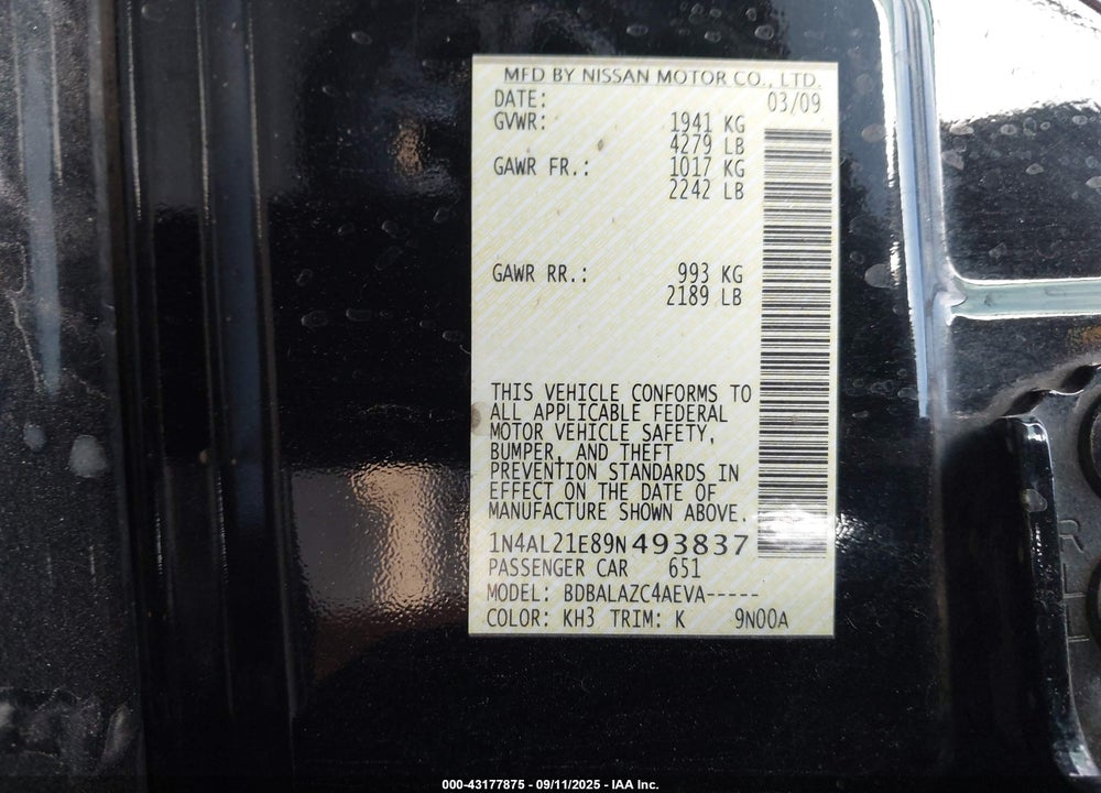 2009 NISSAN ALTIMA VIN: 1N4AL21E89N493837