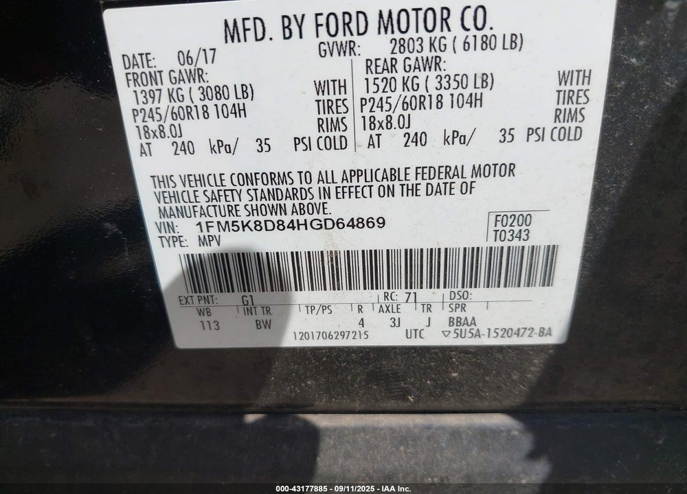 2017 FORD EXPLORER XLT VIN: 1FM5K8D84HGD64869