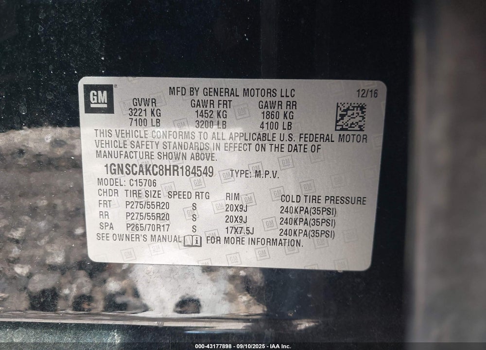 2017 CHEVROLET TAHOE LS VIN: 1GNSCAKC8HR184549