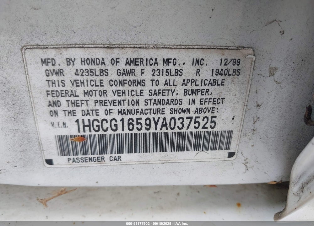 2000 HONDA ACCORD 3.0 EX VIN: 1HGCG1659YA037525