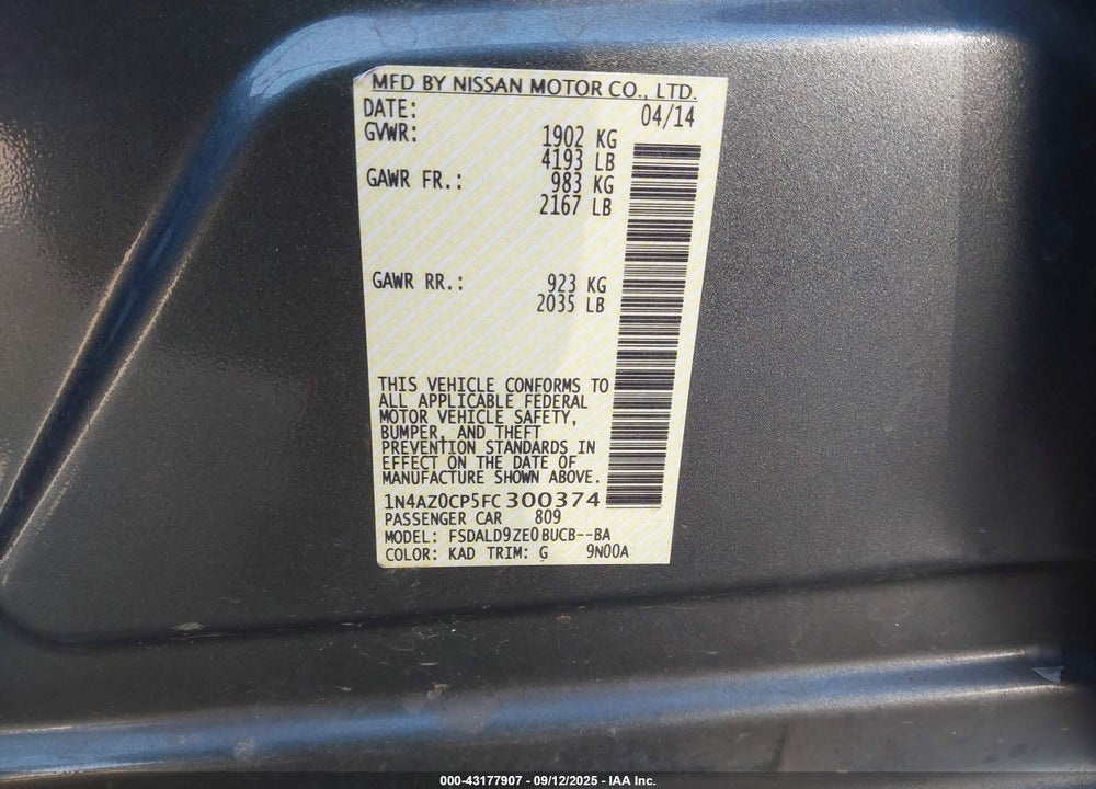 2015 NISSAN LEAF VIN: 1N4AZ0CP5FC300374